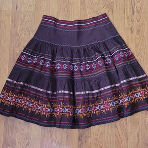 Boho Folk Midi Skirt Brown Cross Stitch Embroidered Ribbon Trim Size M